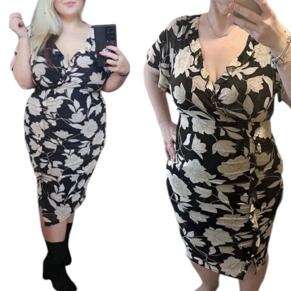 Torrid Floral At The Knee Mesh Surplice Ruffle Slit Dress Size 2 2XL NWT - Picture 13 of 13